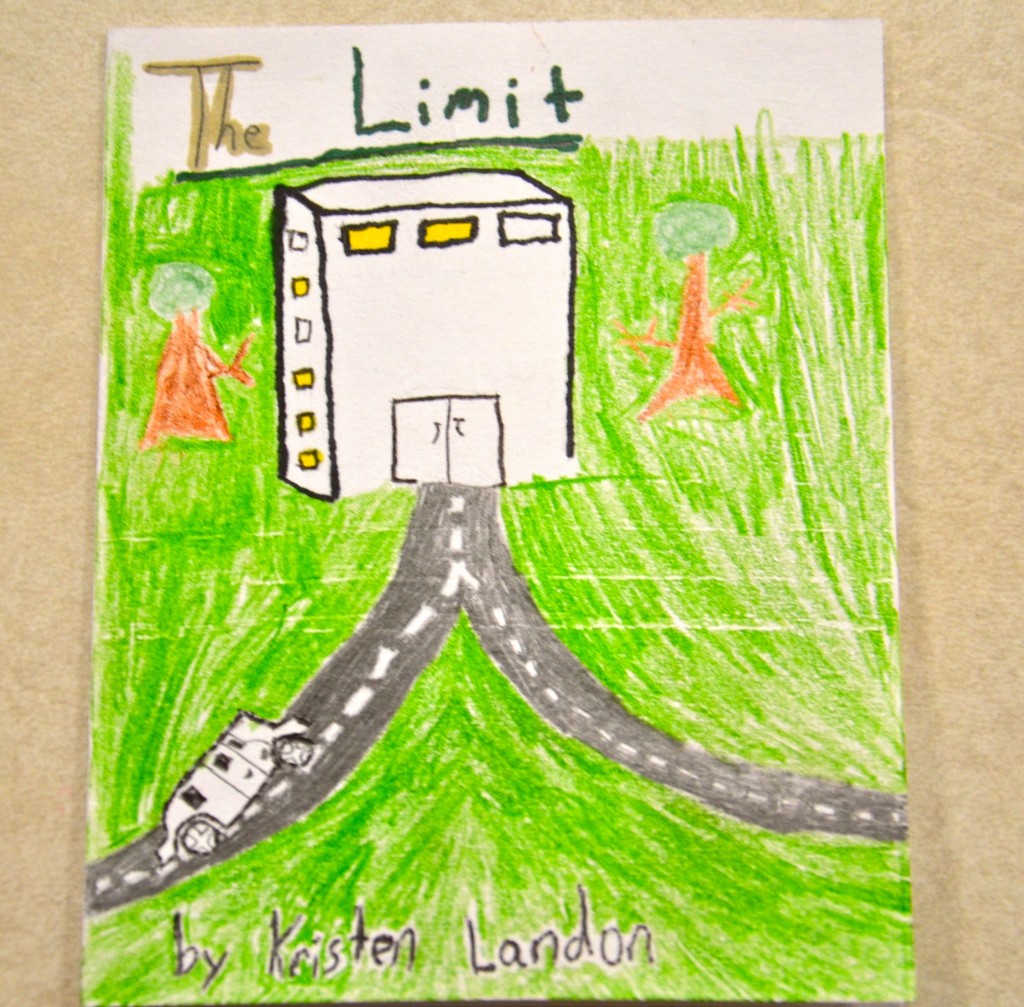 A drawn picture of a white building on a grassy lawn with two roads leading to it and a car on the left road
